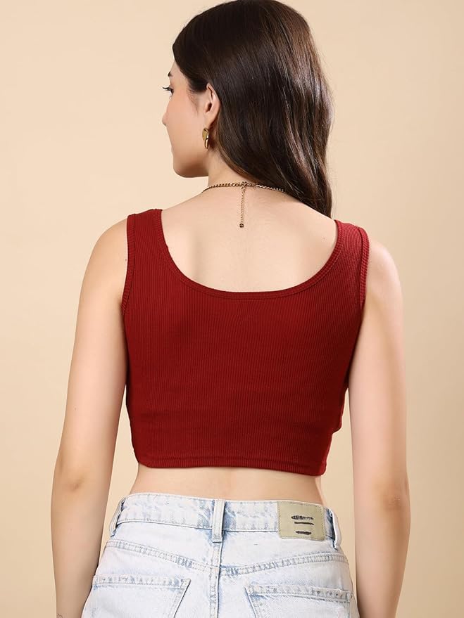 KEX Women’s Rib Knitted Cotton Blend Red Round Neck Crop Tank Top with Sleeveless