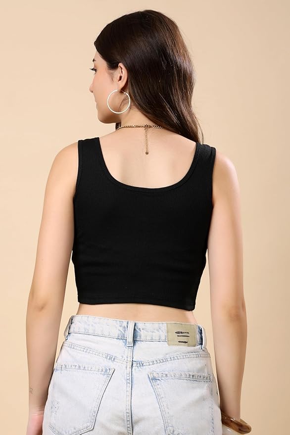 KEX Women’s Rib Knitted Cotton Blend Back Round Neck Crop Tank Top with Sleeveless