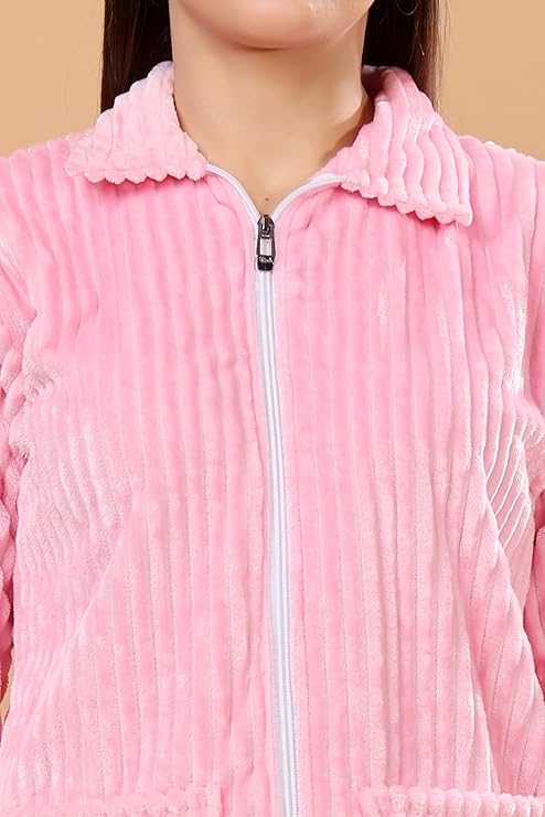 madfrog Women’s Solid Velvet Full Zip Collar Top & Pyjama Set with Pockets – Winter Nightwear Set