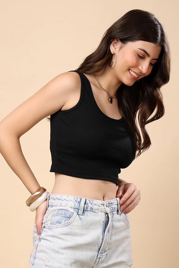 KEX Women’s Rib Knitted Cotton Blend Back Round Neck Crop Tank Top with Sleeveless