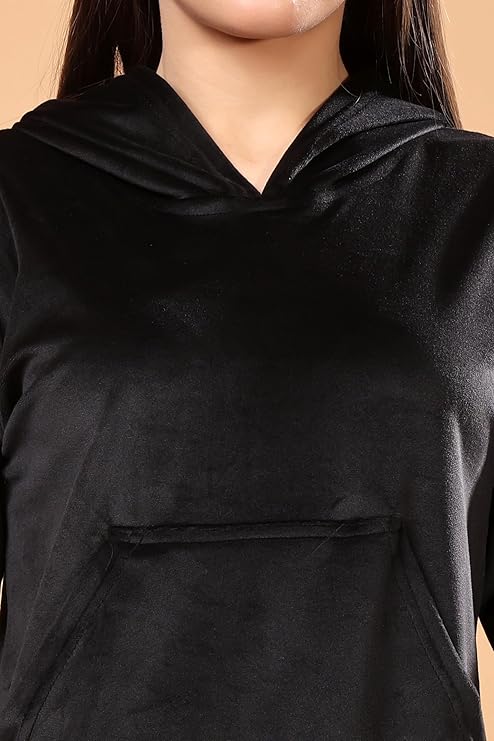madfrog Women Solid Hooded Neck Velvet Nightwear Set | Cozy Winter Loungewear & Outdoor Sleepwear