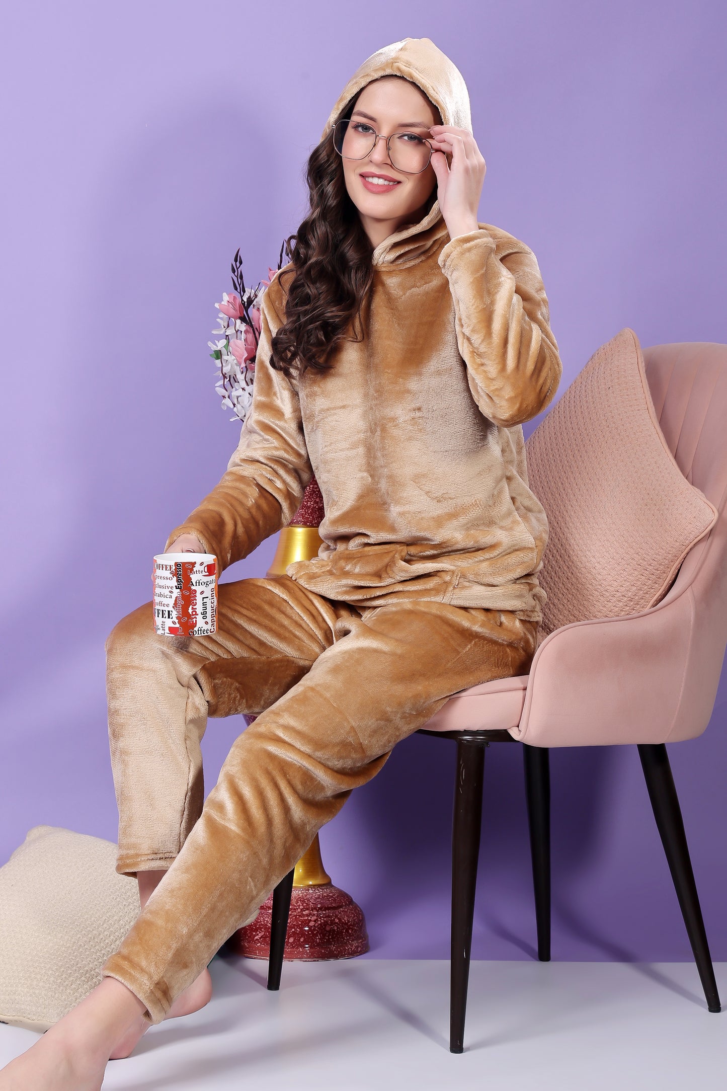 madfrog Women’s Solid Velvet Night Suit | Soft & Comfortable Fabric | Round Neck | Long Sleeve & Full-Length Bottoms | Winter Sleepwear Set