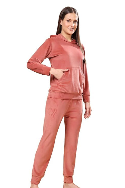 madfrog Women Solid Hooded Neck Velvet Nightwear Set | Cozy Winter Loungewear & Outdoor Sleepwear