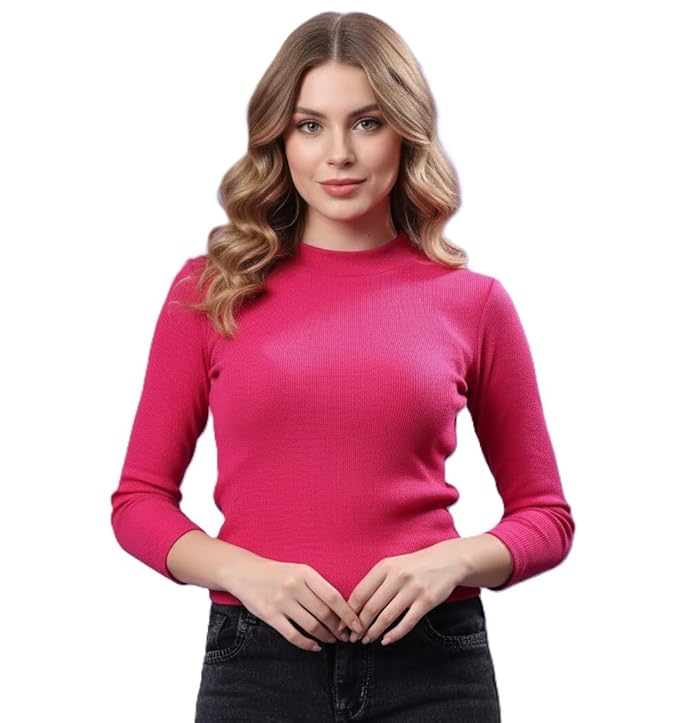 KEX Women’s Rib Cotton High Neck Top | Soft Stretchable Slim Fit Full Sleeve Casual Wear | Stylish Winter Top for Girls & Women