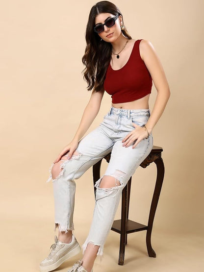 KEX Women’s Rib Knitted Cotton Blend Red Round Neck Crop Tank Top with Sleeveless