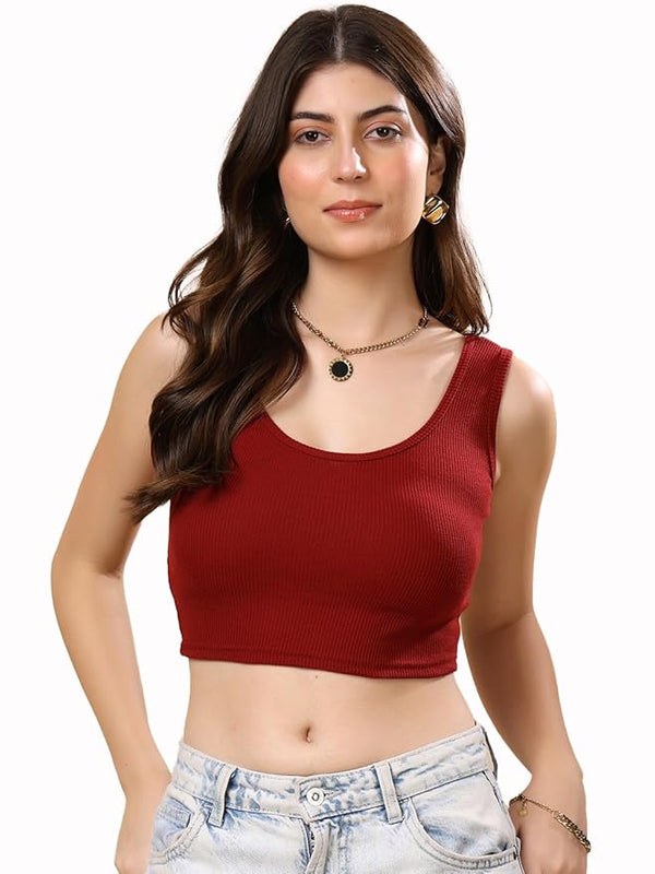 KEX Women’s Rib Knitted Cotton Blend Red Round Neck Crop Tank Top with Sleeveless