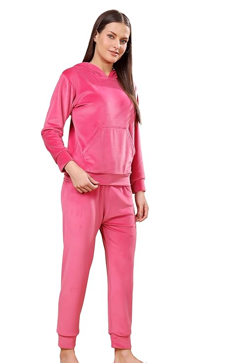 madfrog Women Solid Hooded Neck Velvet Nightwear Set | Cozy Winter Loungewear & Outdoor Sleepwear