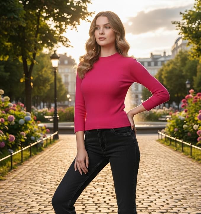 KEX Women’s Rib Cotton High Neck Top | Soft Stretchable Slim Fit Full Sleeve Casual Wear | Stylish Winter Top for Girls & Women