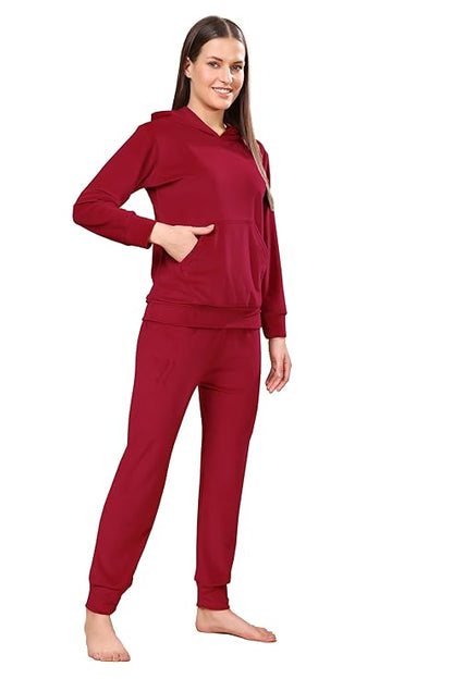 madfrog Women Solid Hooded Neck Velvet Nightwear Set | Cozy Winter Loungewear & Outdoor Sleepwear