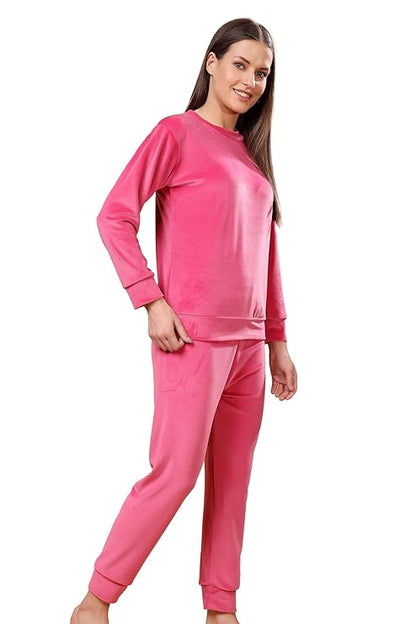 madfrog Women Solid Round Neck Velvet Nightwear Set | Cozy Winter Loungewear & Outdoor Sleepwear