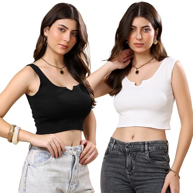 KEX Women’s & Girls Ribbed Cotton Crop Tank Top | Stylish Heart Neck Sleeveless Top | Soft, Stretchable & Breathable Fabric | Casual, Gym, Lounge Wear