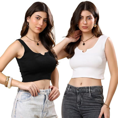 KEX Women’s & Girls Ribbed Cotton Crop Tank Top | Stylish Heart Neck Sleeveless Top | Soft, Stretchable & Breathable Fabric | Casual, Gym, Lounge Wear