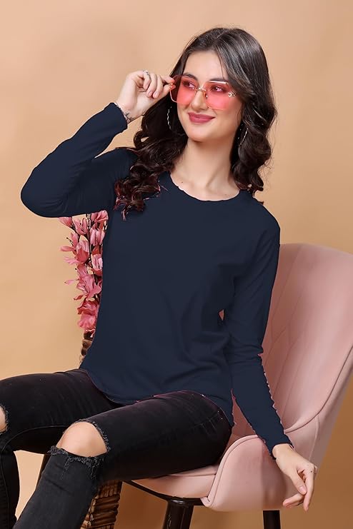 Women’s Solid Round Neck Cotton Blend Full Sleeve Regular and Comfort Fit T-Shirt