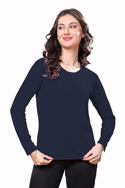 Women’s Solid Round Neck Cotton Blend Full Sleeve Regular and Comfort Fit T-Shirt