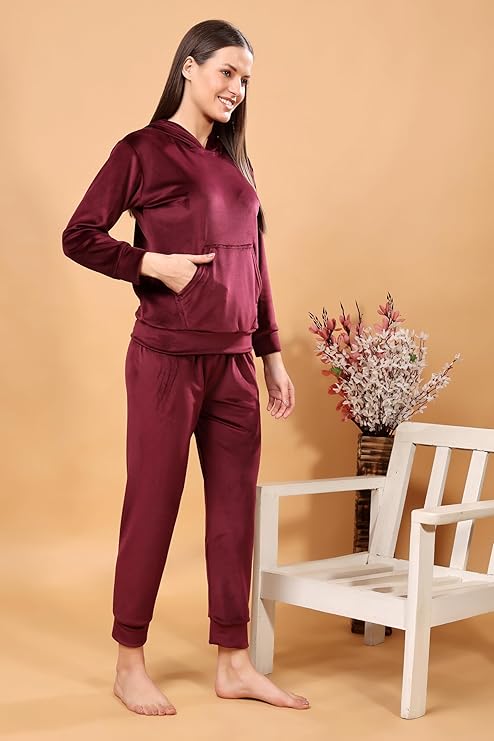 madfrog Women Solid Hooded Neck Velvet Nightwear Set | Cozy Winter Loungewear & Outdoor Sleepwear