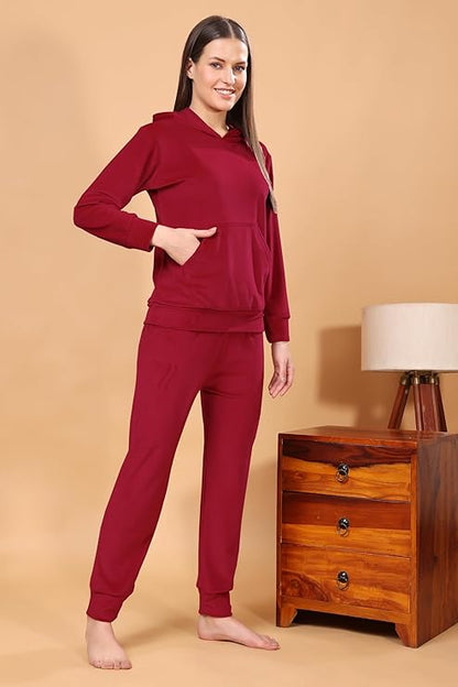 madfrog Women Solid Hooded Neck Velvet Nightwear Set | Cozy Winter Loungewear & Outdoor Sleepwear