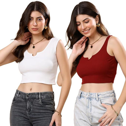 KEX Women’s & Girls Ribbed Cotton Crop Tank Top | Stylish Heart Neck Sleeveless Top | Soft, Stretchable & Breathable Fabric | Casual, Gym, Lounge Wear