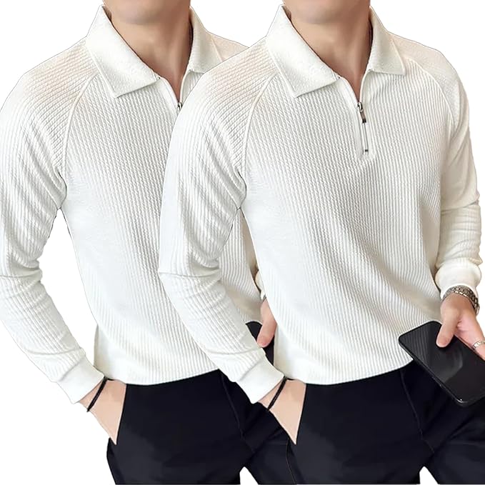 madfrog Pack of 2 Men’s Solid Cotton Blend Zip Polo Neck Full Sleeve T-Shirt – Regular & Comfort Fit Casual Sportswear Top for Men