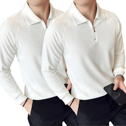 madfrog Pack of 2 Men’s Solid Cotton Blend Zip Polo Neck Full Sleeve T-Shirt – Regular & Comfort Fit Casual Sportswear Top for Men