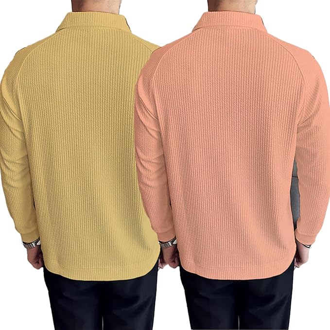 madfrog Pack of 2 Men’s Solid Cotton Blend Zip Polo Neck Full Sleeve T-Shirt – Regular & Comfort Fit Casual Sportswear Top for Men