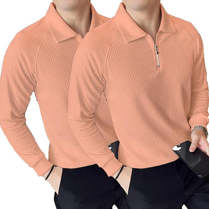madfrog Pack of 2 Men’s Solid Cotton Blend Zip Polo Neck Full Sleeve T-Shirt – Regular & Comfort Fit Casual Sportswear Top for Men