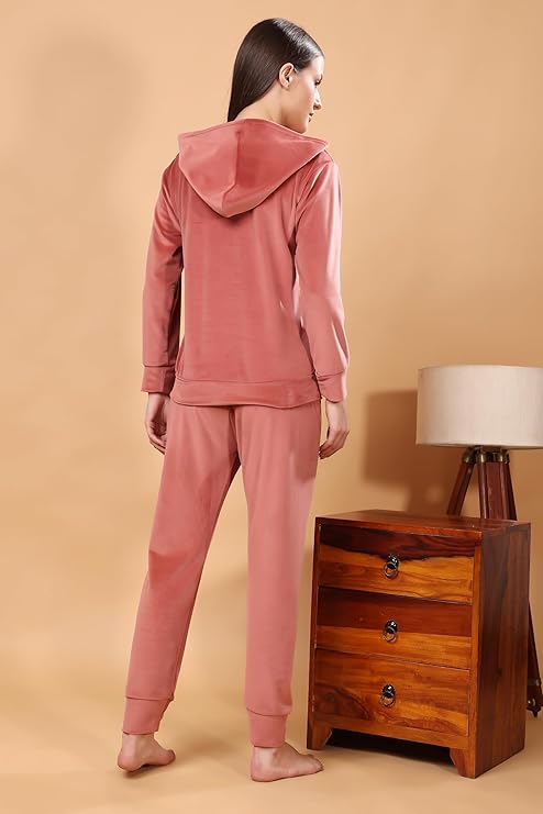 madfrog Women Solid Hooded Neck Velvet Nightwear Set | Cozy Winter Loungewear & Outdoor Sleepwear