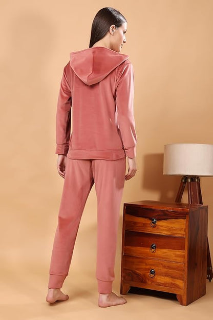 madfrog Women Solid Hooded Neck Velvet Nightwear Set | Cozy Winter Loungewear & Outdoor Sleepwear
