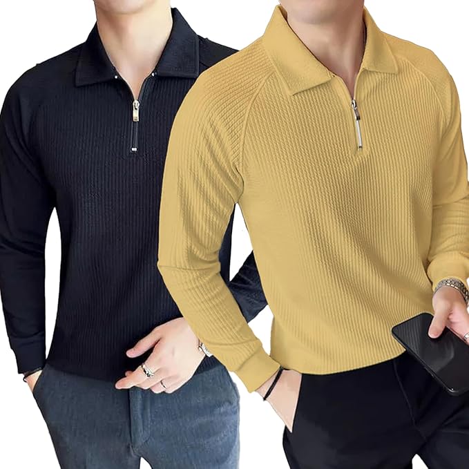 madfrog Pack of 2 Men’s Solid Cotton Blend Zip Polo Neck Full Sleeve T-Shirt – Regular & Comfort Fit Casual Sportswear Top for Men