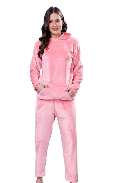 madfrog Women’s Solid Velvet Night Suit | Soft & Comfortable Fabric | Hooded Neck | Long Sleeve & Full-Length Bottoms | Winter Sleepwear Set