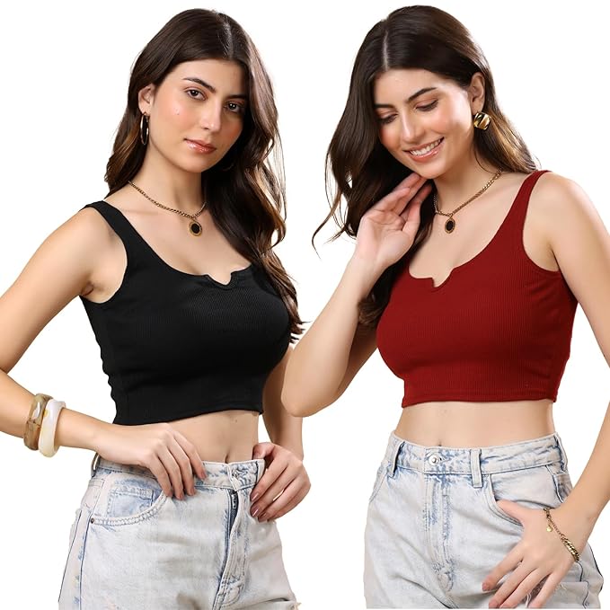 KEX Women’s & Girls Ribbed Cotton Crop Tank Top | Stylish Heart Neck Sleeveless Top | Soft, Stretchable & Breathable Fabric | Casual, Gym, Lounge Wear