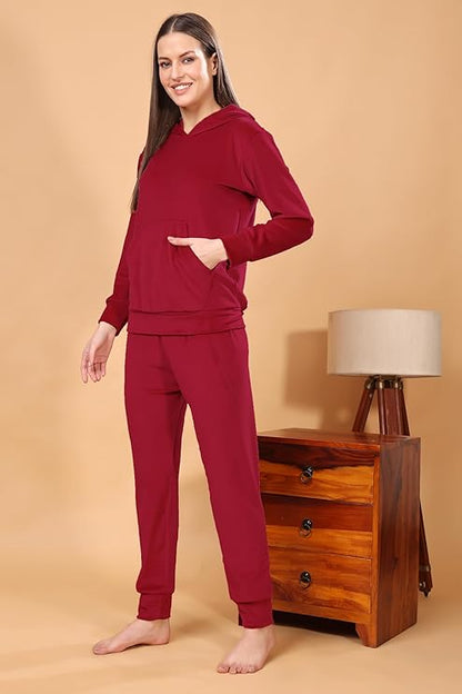 madfrog Women Solid Hooded Neck Velvet Nightwear Set | Cozy Winter Loungewear & Outdoor Sleepwear