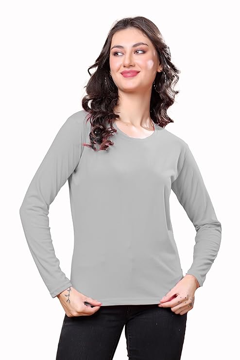 Women’s Solid Round Neck Cotton Blend Full Sleeve Regular and Comfort Fit T-Shirt