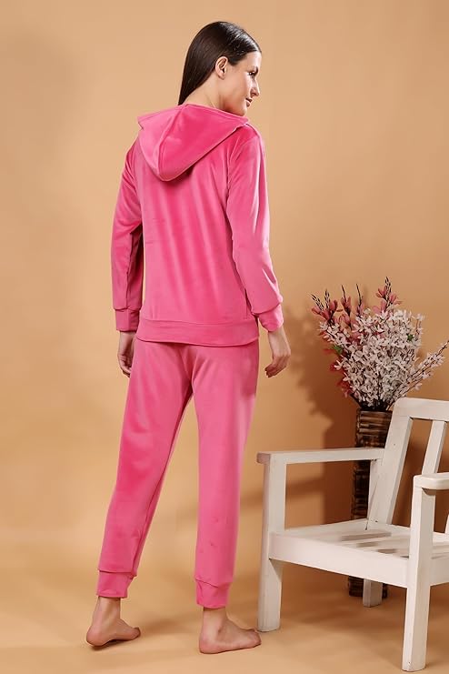 madfrog Women Solid Hooded Neck Velvet Nightwear Set | Cozy Winter Loungewear & Outdoor Sleepwear