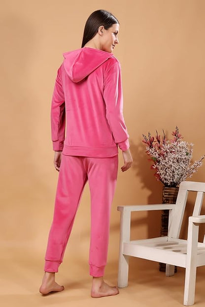 madfrog Women Solid Hooded Neck Velvet Nightwear Set | Cozy Winter Loungewear & Outdoor Sleepwear