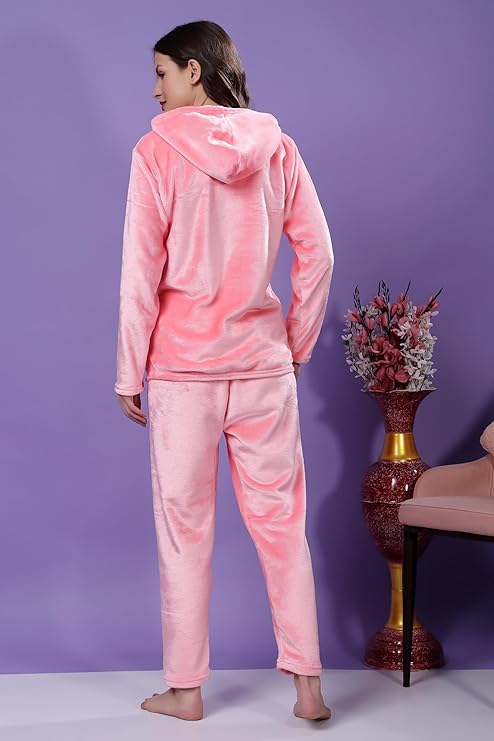 madfrog Women’s Solid Velvet Night Suit | Soft & Comfortable Fabric | Hooded Neck | Long Sleeve & Full-Length Bottoms | Winter Sleepwear Set