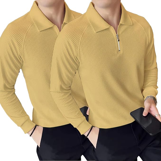 madfrog Pack of 2 Men’s Solid Cotton Blend Zip Polo Neck Full Sleeve T-Shirt – Regular & Comfort Fit Casual Sportswear Top for Men