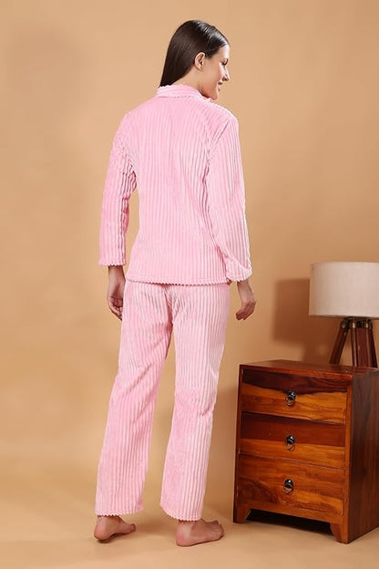 madfrog Women’s Solid Velvet Full Zip Collar Top & Pyjama Set with Pockets – Winter Nightwear Set