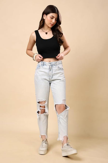 KEX Women’s Rib Knitted Cotton Blend Back Round Neck Crop Tank Top with Sleeveless