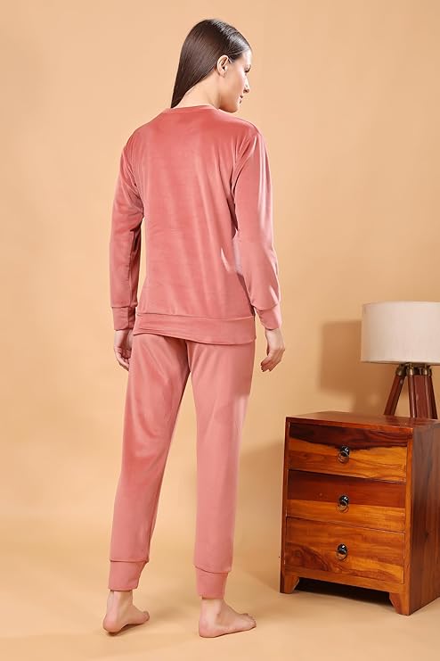 madfrog Women Solid Round Neck Velvet Nightwear Set | Cozy Winter Loungewear & Outdoor Sleepwear