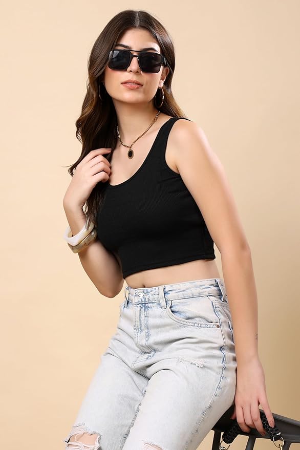 KEX Women’s Rib Knitted Cotton Blend Back Round Neck Crop Tank Top with Sleeveless