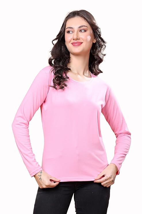 Women’s Solid Round Neck Cotton Blend Full Sleeve Regular and Comfort Fit T-Shirt