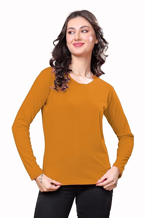 Women’s Solid Round Neck Cotton Blend Full Sleeve Regular and Comfort Fit T-Shirt