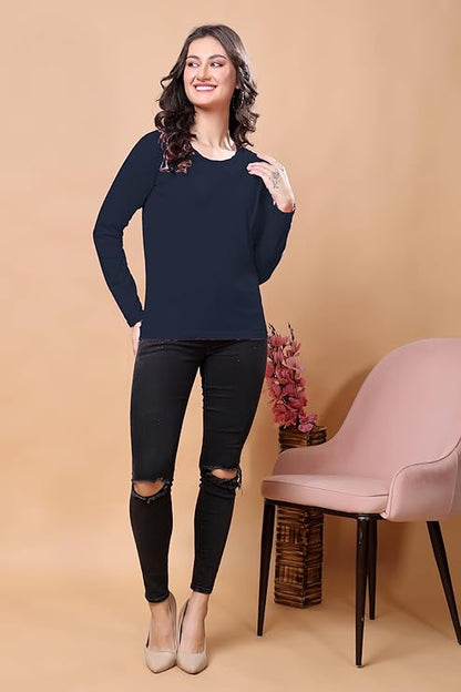 Women’s Solid Round Neck Cotton Blend Full Sleeve Regular and Comfort Fit T-Shirt