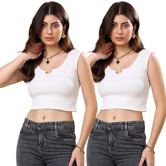 KEX Women’s & Girls Ribbed Cotton Crop Tank Top | Stylish Heart Neck Sleeveless Top | Soft, Stretchable & Breathable Fabric | Casual, Gym, Lounge Wear