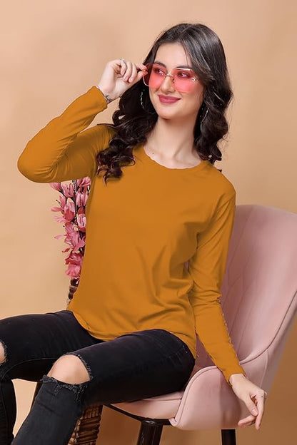 Women’s Solid Round Neck Cotton Blend Full Sleeve Regular and Comfort Fit T-Shirt