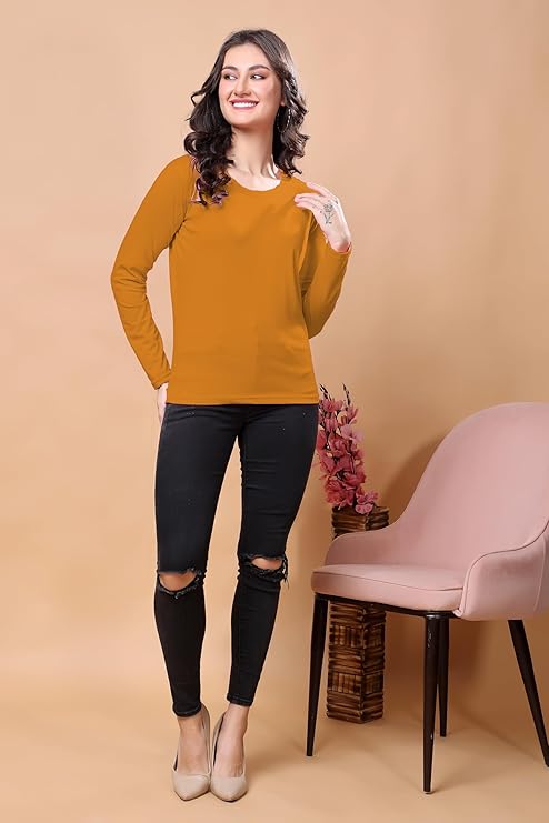 Women’s Solid Round Neck Cotton Blend Full Sleeve Regular and Comfort Fit T-Shirt