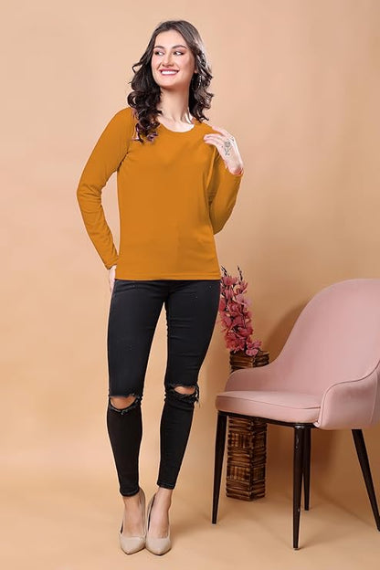 Women’s Solid Round Neck Cotton Blend Full Sleeve Regular and Comfort Fit T-Shirt