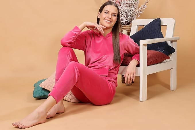 madfrog Women Solid Hooded Neck Velvet Nightwear Set | Cozy Winter Loungewear & Outdoor Sleepwear