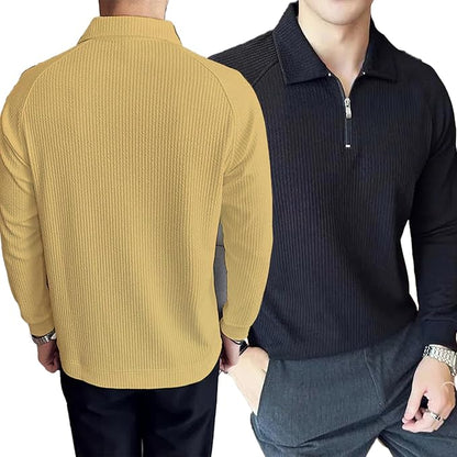 madfrog Pack of 2 Men’s Solid Cotton Blend Zip Polo Neck Full Sleeve T-Shirt – Regular & Comfort Fit Casual Sportswear Top for Men