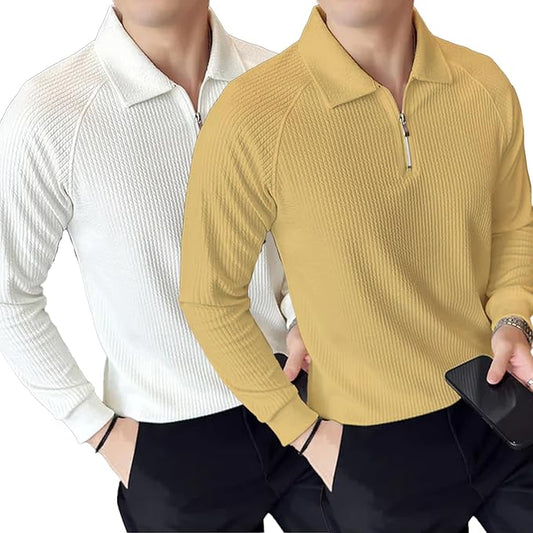 madfrog Pack of 2 Men’s Solid Cotton Blend Zip Polo Neck Full Sleeve T-Shirt – Regular & Comfort Fit Casual Sportswear Top for Men